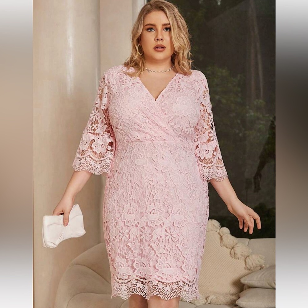 Eilly Bazar Plus Size 3X Pink V-Neck Lace Insert Bodycon Dress